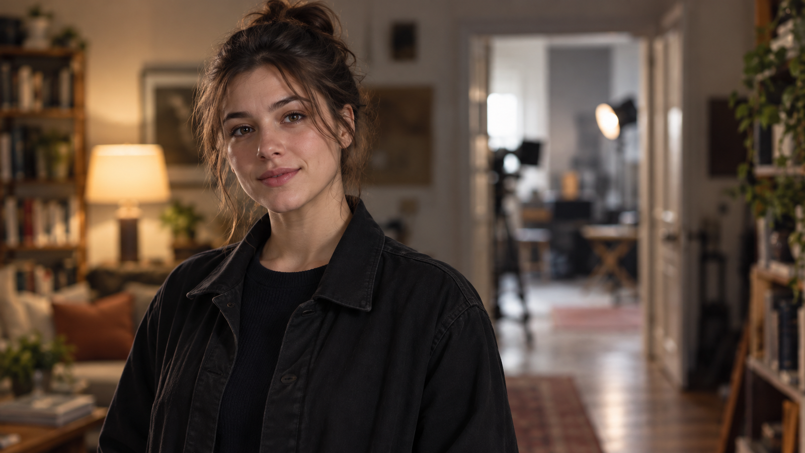 A film student in sharp focus in front of a softly blurred interior film set.